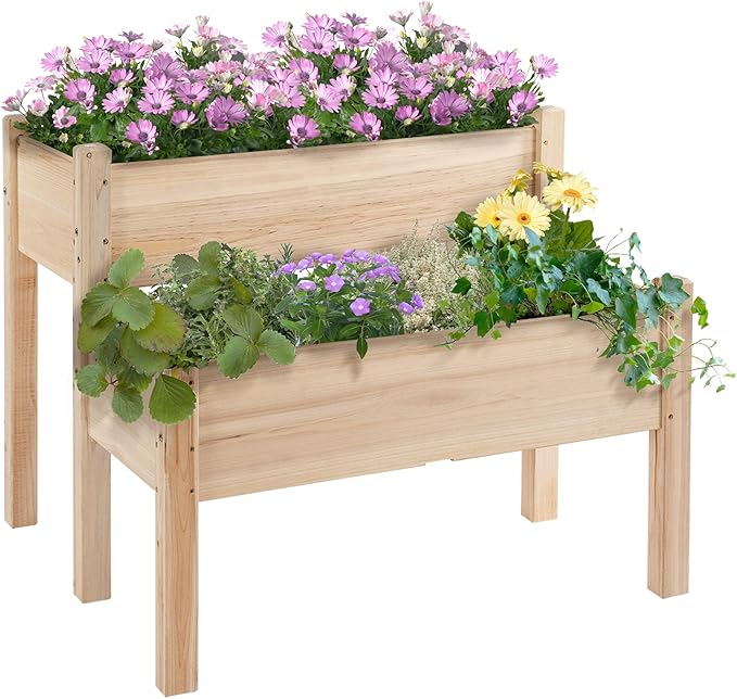 Outsunny 34"x34"x28" Raised Garden Bed, 2-Tier Elevated Wood Planter Box for Backyard, Patio to Grow Vegetables, Herbs, and Flowers, Natural