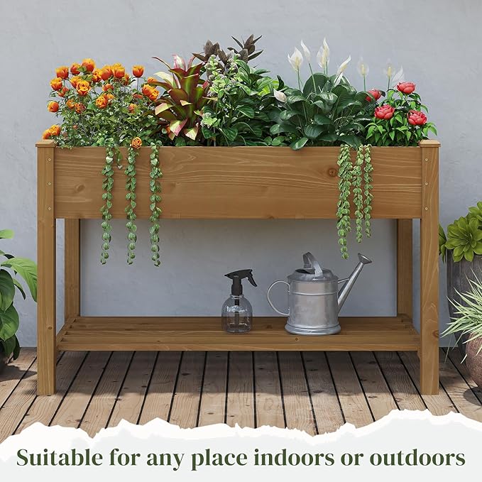 Wooden Raised Garden Bed, Planter Box with Legs, Garden Planter with Divider Bag for Backyard, Patio, Balcony, Planter Stand Box for Herbs and Vegetables (Brown-M)