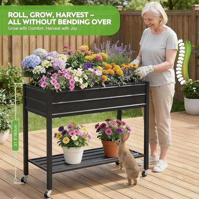 ZORMY 32" Tall Galvanized Raised Garden Bed with Legs Wheels & Shelf, Elevated Planter Box Outdoor for Vegetables, Herbs & Flowers, Patio & Backyard, Garden Bed with 400lb Capacity，Black