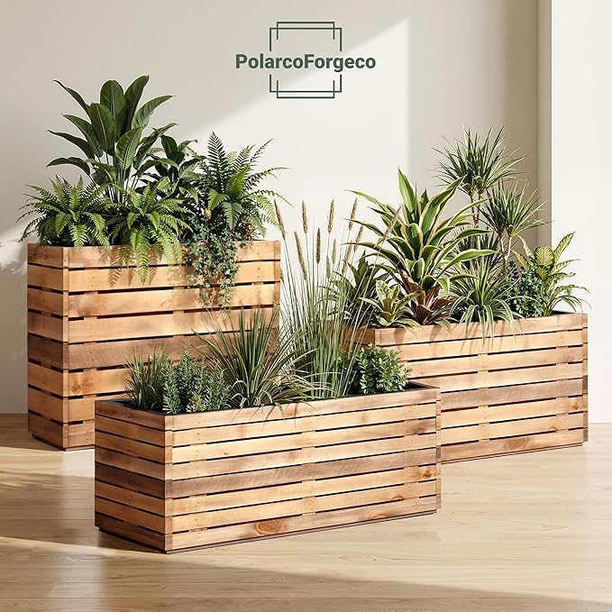 Metal Planter Box for Outdoor Plants, Black Rectangular Planters for Porch with Drainage Holes, All-Weather Use, Rust-Resistance (17" L x 17" W x 18" H, Walnut Wood Grain)