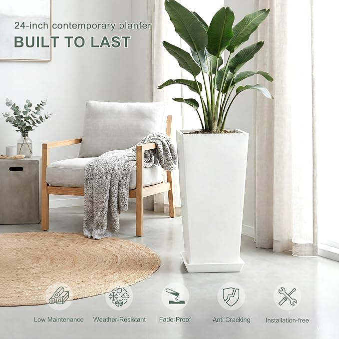 24" Tall White Planters for Outdoor Plants Set of 2, Large Flower Pots Planters with Drainage Holes & Tray, Modern Indoor Tapered Tall Planter for Front Porch