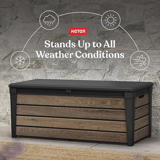 Keter Everwood 120 Gallon Resin Signature Collection Large Outdoor Storage Box for Patio Furniture, Outdoor Cushions, Garden Tools and Pool Gear, Walnut