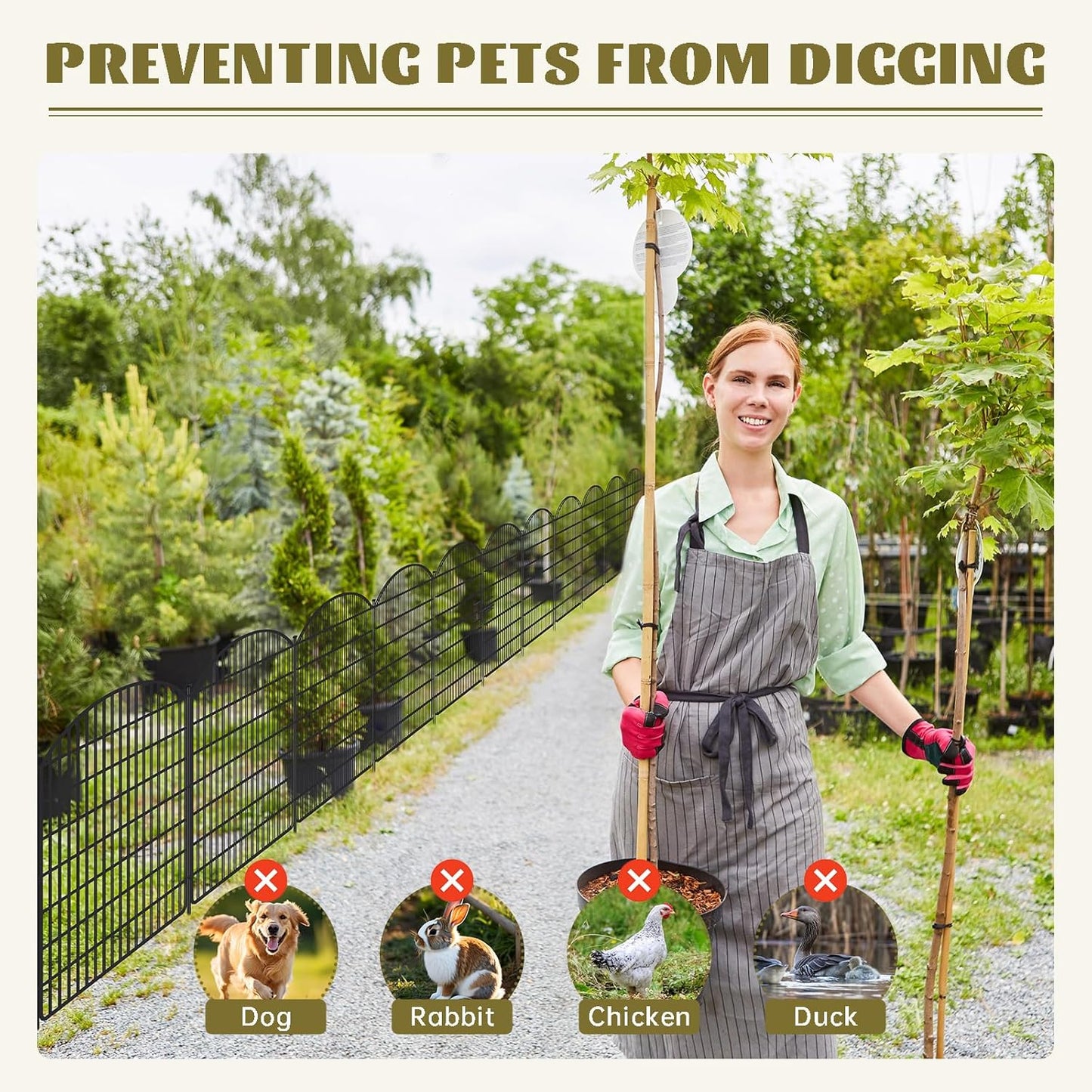 10 Panels No Dig Garden Fence with Gate, 32in x 24.2ft Decorative Dog Fence Outdoor for Yard, Tall Animal Barrier Fencing Rustproof Metal Garden Edging Border, Temporary Fencing for Outdoor, Patio