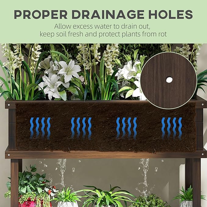 Outsunny Raised Garden Bed with Trellis for Climbing Plants, Vegetable, Grape Vines, Wood Planter with Legs, Drainage Holes and Filter for Outdoor Garden, Patio, Carbonized