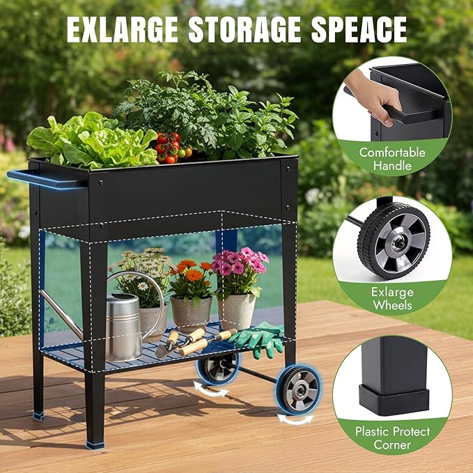 INNO STAGE 31.5" Tall Raised Garden Bed with Legs & Wheels- Elevated Planter Box with Shelf, Anti-Rust Metal Galvanized Steel Garden Bed for Herb, Vegetable, Gradening, Patio, Balcony, Backyard