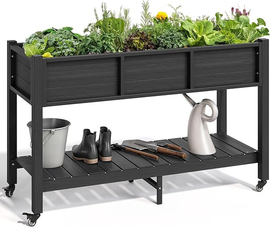 YITAHOME Raised Garden Bed HDPE, 47x18x31In Raised Flower Bed Poly-Wood Weather-Resistant Elevated Planter Box with Lockable Wheels & Storage Shelf for Vegetable Flower, Black