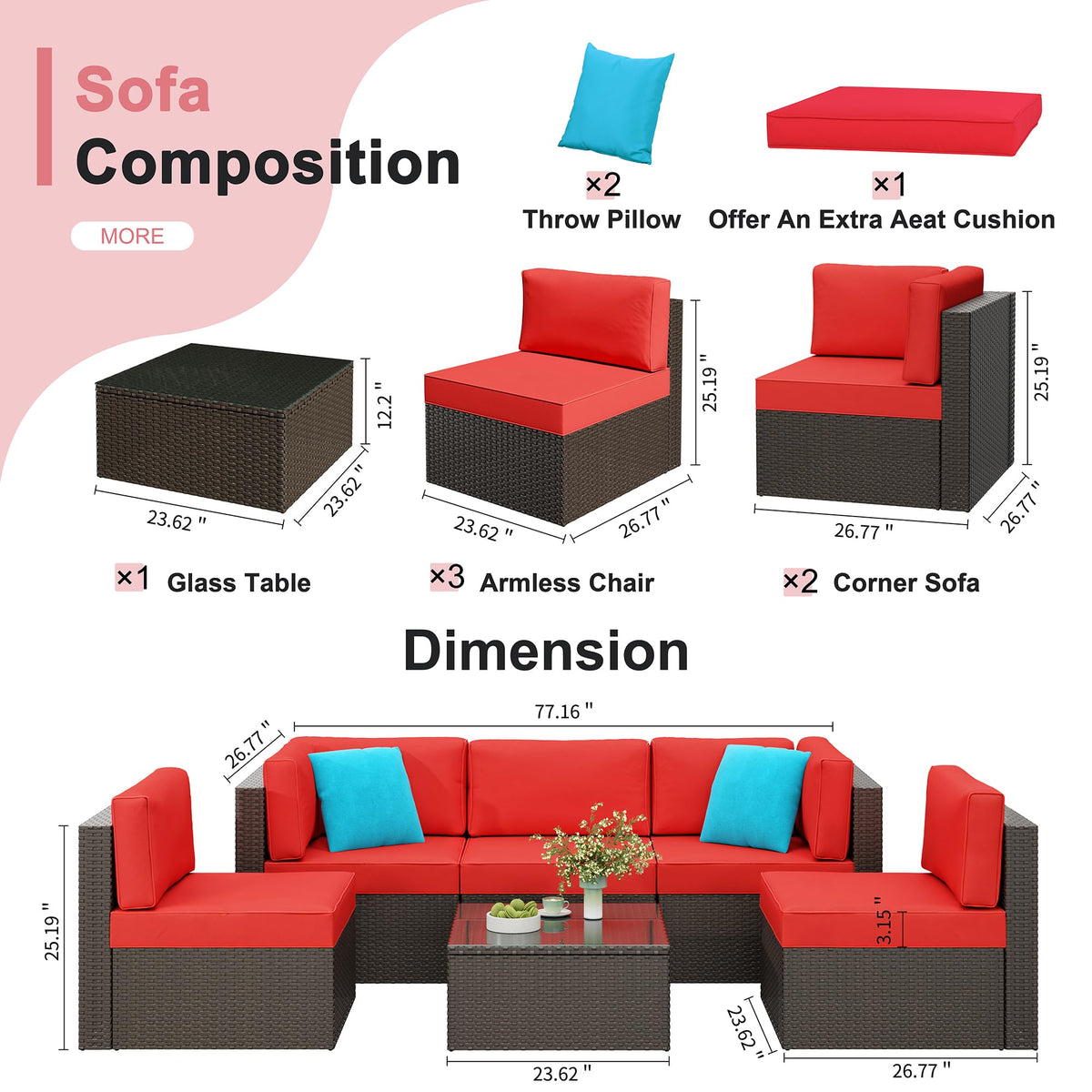 6 Pieces Patio Furniture Set Outdoor Couch Wicker Sectional Sofa (Red / 6 pcs)