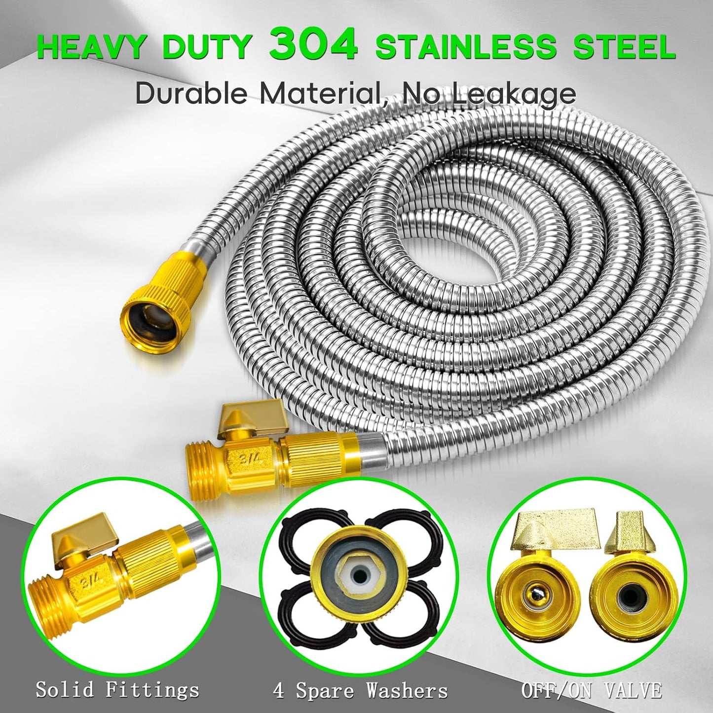 100FT Stainless Steel Garden Hose, Heavy Duty Flexible Metal Water Hose with 10-Function Nozzle, Lightweight & No-Kink Garden Hose, Durable Solid Fittings for Lawn, Car, RV, Outdoor Watering