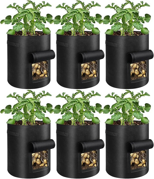6 Pack Potato Grow Bags, 10 Gallon Planting Bags Large Fabric Pots with Flap Window Vegetable Planter Garden Pot Tall Potato Growing Containers with Handles for Vegetables, Fruits and More, Black