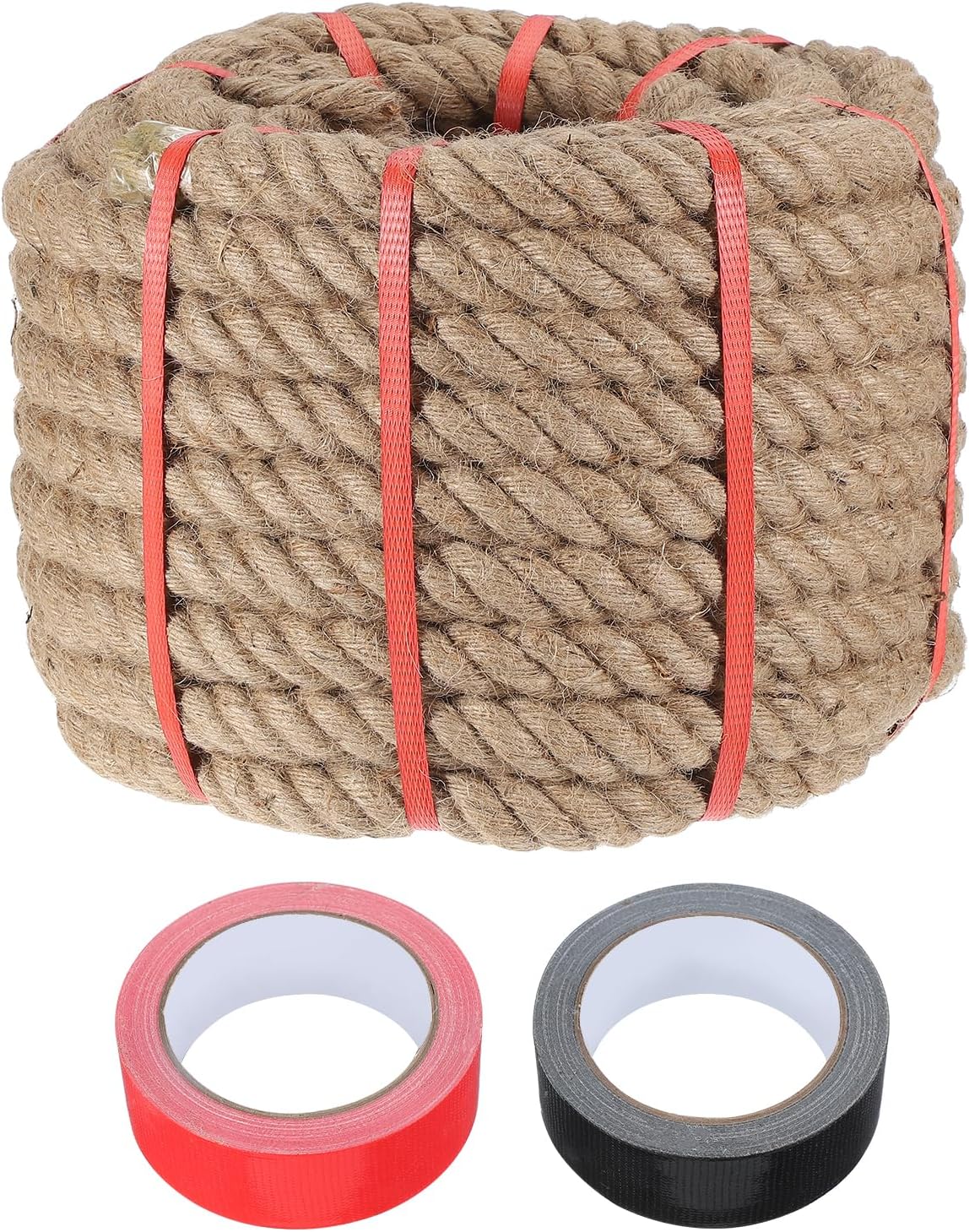 MECCANIXITY Jute Rope 1.2 Inch x 75ft, Thick Twine Rope Ropes Braided Jute Twine Natural Brown Burlap Cord String Heavy Twisted with Tapes for Decorative Crafts Railing Swing Tug of War