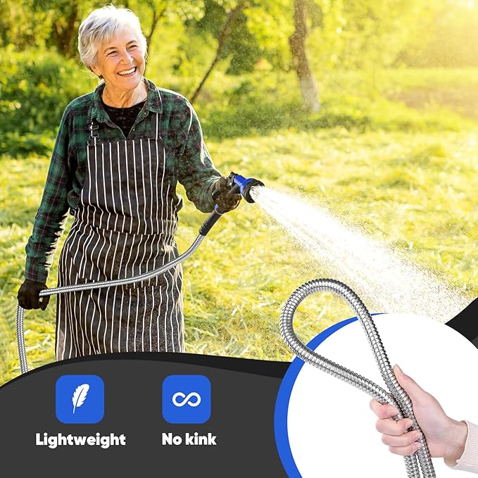 Garden Hose 50 ft, Stainless Steel Metal Hose, Flexible Water Hose with 10 Function Nozzle, Kink Free, Leak-Proof, Heavy Duty Hose for Yard, Outdoor, Lawn, RV, Car Wash and Camper Use