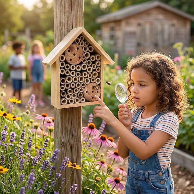 Mason Bee Houses Outdoor Wooden Bee Hotel for Garden and Yard Hand-Made Bamboo Bee Hive for Bees Butterflies and Ladybugs, Medium Size 8"x7.5"x5", Natural Finish