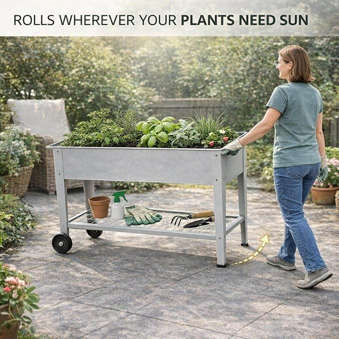 InSideOut Elevated 40" Raised Garden Bed Outdoor with Wheels & Shelf for Mobility, Metal Planter Box for Vegetables/Herbs, Patio-Balcony-Backyard (White)