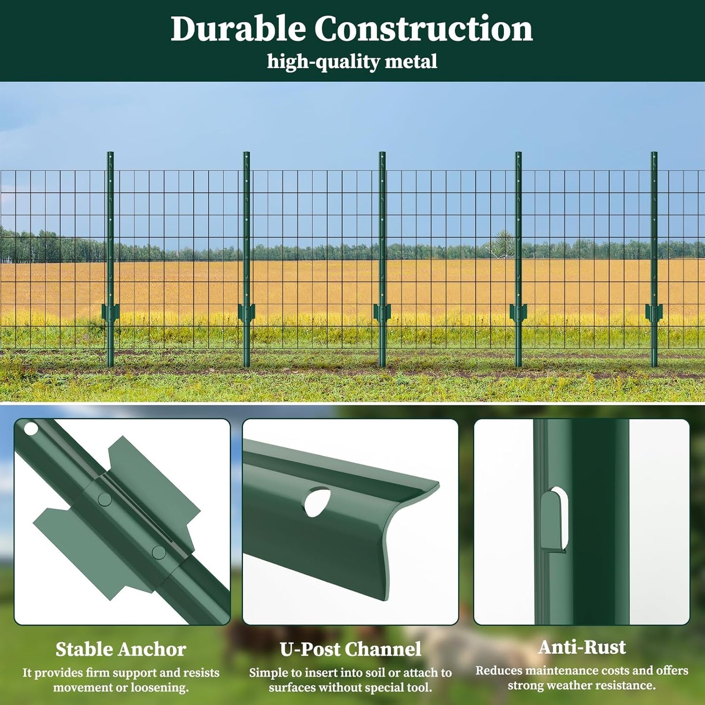 10 Pack Garden Fence Post, 3 Feet Heavy Duty Metal U-Post for Wire Fence, No Dig Garden Fence Stakes for Temporary Fencing, Electric Fence Wire, Corner Anchor, and More-Green
