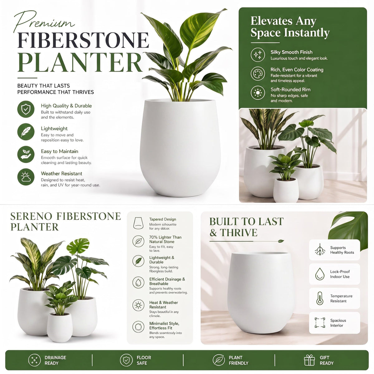 Premium Mt Wilson Tall Tapered Fiberstone Planter for Indoor Outdoor Use (White / 15'' D x 16.7'' H)