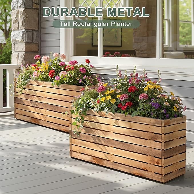 Rectangular Planters for Outdoor Plants, Large Planter Box with Drainage Holes, Metal Balck Palnters for Patio, Garden (32" L x 15" W x 16" H, Walnut Wood Grain)