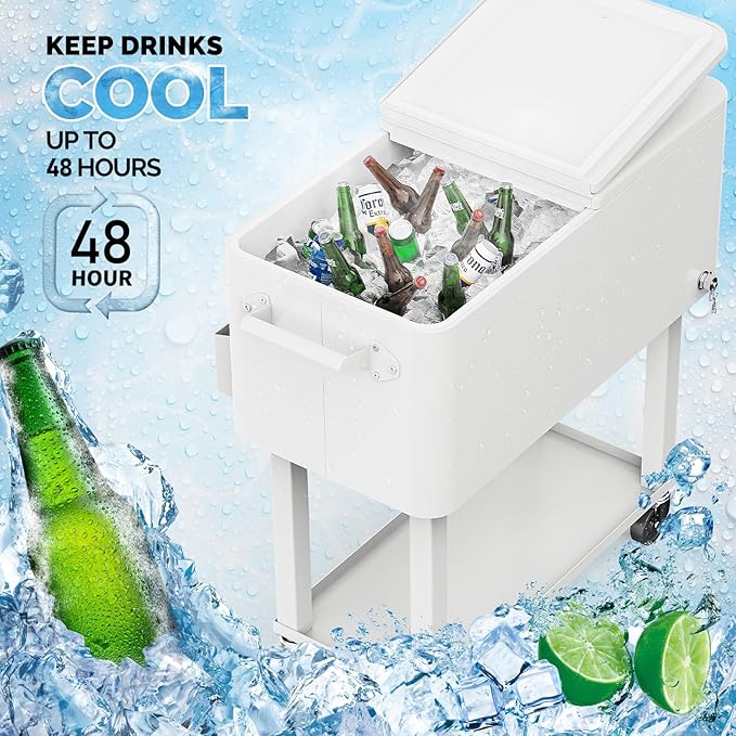 VINGLI 80 Quart Rolling Ice Chest, Portable Patio Party Bar Drink Cooler Cart, with Shelf, Beverage Pool with Bottle Opener