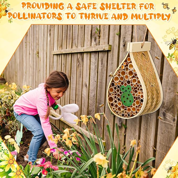2 Pcs Mason Bee House Hanging Bee Hives Wild Pollinator Bamboo Mason Bee Habitat Hotel with Tubes Beekeeping Supplies for Enhance Garden Productivity(Water Drop)