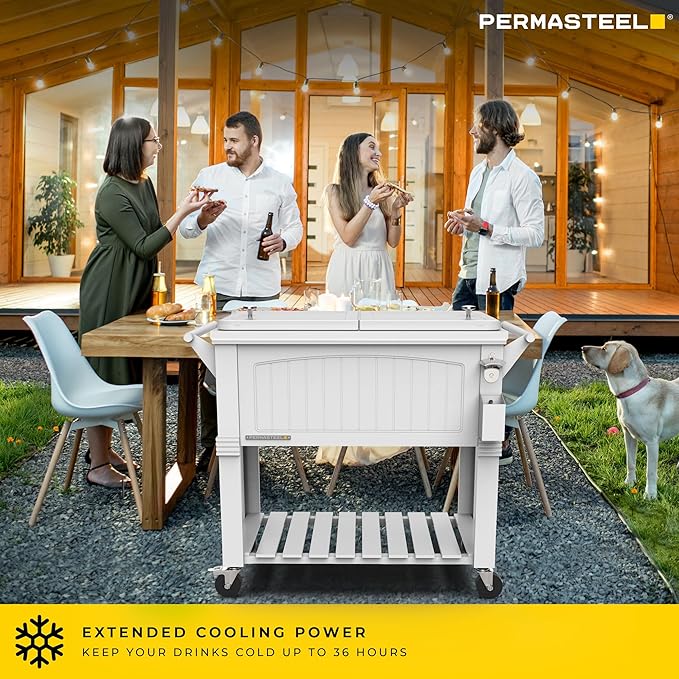 Permasteel Party Cooler with Divider, Spacious 80-Qt Capacity, Chills 36hrs, Serving Tray, Rolling Ice Chest for Indoor and Outdoor Entertainment, Matte White