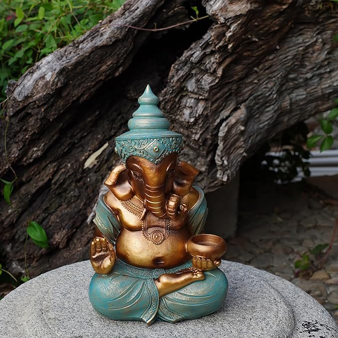 Ganesh Statue 12.6inch Outdoor Garden Ornament with Tealight Candle Holder,Resin Hindu God Buddha Art Craft Gift Decor for Home,Multi Colored