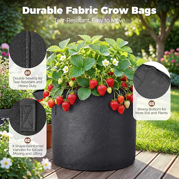 5-Pack 5 Gallon Grow Bags for Potato Tomatoes Vegetables, 5 Pack Terracotta Plant Self-Watering Stakes Spike for Outdoor Indoor Plants, 300g Heavy Duty Thickened Nonwoven Fabric Cloth Pot Planting Bag