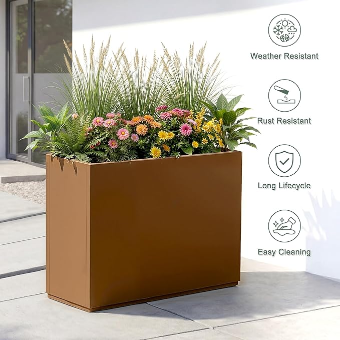 Tall Rectangular Planter Box, Metal Large Planters for Outdoor Plants, Flowers, with Drainage Holes (30" L x 12" W x 24" H, Brown)