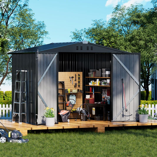 COMHOMA Shed Outdoor Storage Shed Metal,Lockable Doors Tool Sheds with Sloping Roof,Steel Garden Shed with Air Vent for Backyard,Patio,Lawn,Poolside (Grey, 8'*6')