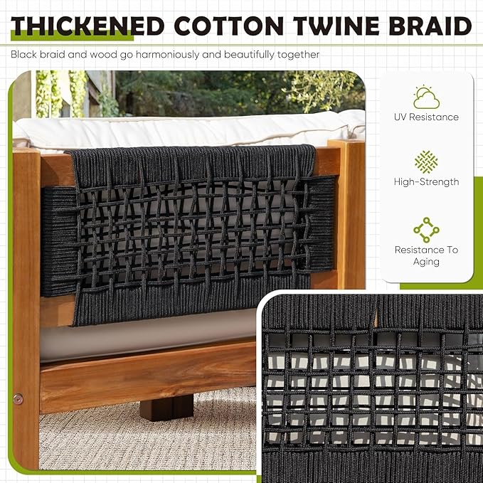 Greesum 7 Pieces Small Patio Sofa, Acacia Wood Frame, Padded Patio Conversation and Chairs Set for Garden, Backyard, Poolside, Beige