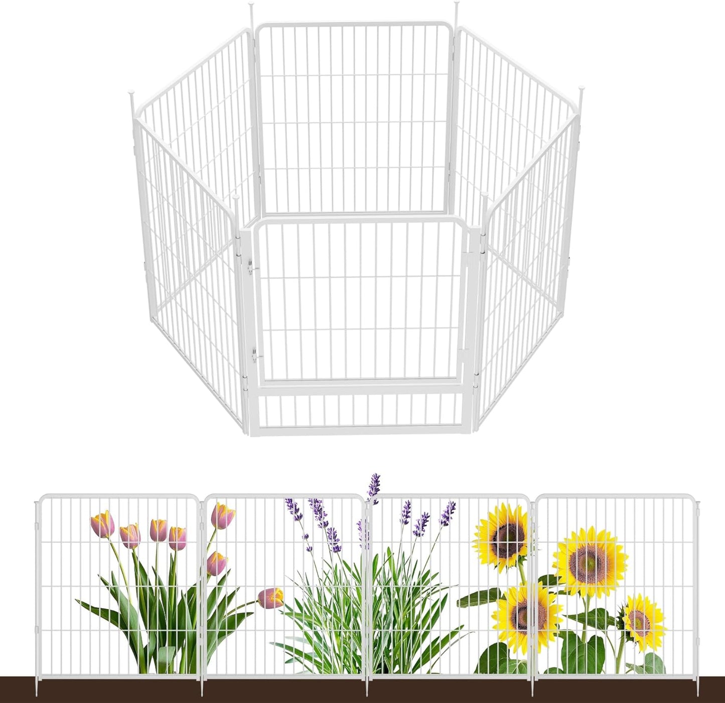 Garden Fence with Gate 32 in(H) x 13.4 ft(L) 6 Panels, Heavy Duty Metal Animal Barrier for Dog and Rabbit, Outdoor Fencing, Easy Set Up, White
