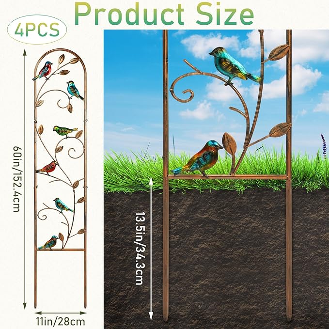 Blulu 4 Pack Metal Garden Trellis for Climbing Plants, 60x11 Inch Detachable Rustproof Arched Fence Flower Vegetable Plant Stand for Outdoor Patio Yard Lawn Decorative(Hummingbird)