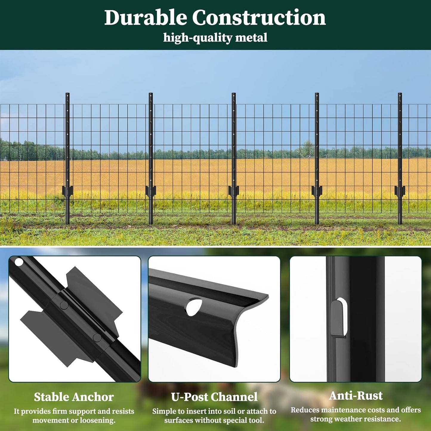 10 Pack Garden Fence Post, 5 Feet Heavy Duty Metal U-Post for Wire Fence, No Dig Garden Fence Stakes for Temporary Fencing, Electric Fence Wire, Corner Anchor, and More-Black