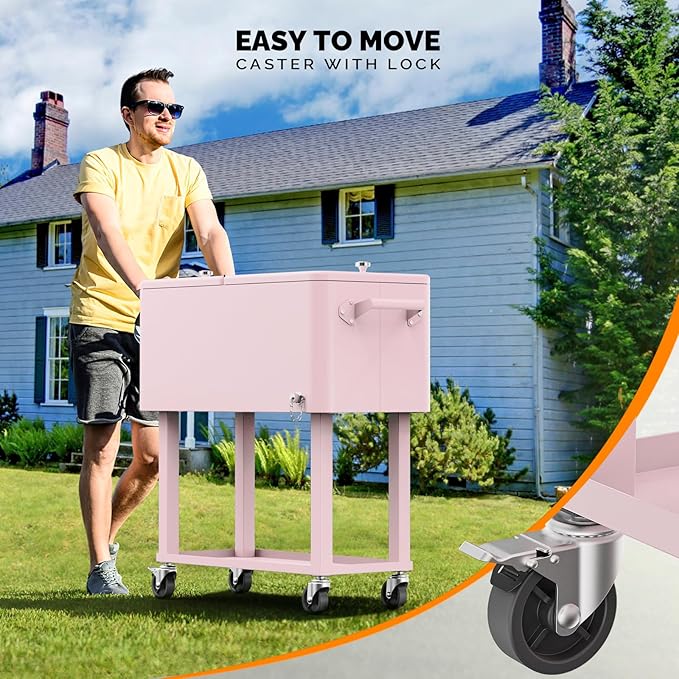 VINGLI 80 Quart Rolling Ice Chest, Portable Patio Party Bar Drink Cooler Cart, with Shelf, Beverage Pool with Bottle Opener