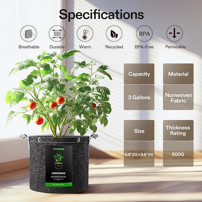 VIVOSUN 10-Pack 3 Gallon Grow Bags, 500G Thick Nonwoven Fabric Pots with Strap Handles, Multi-Purpose Rings, for Low Stress Plant Training Fruits, Vegetables, and Flowers