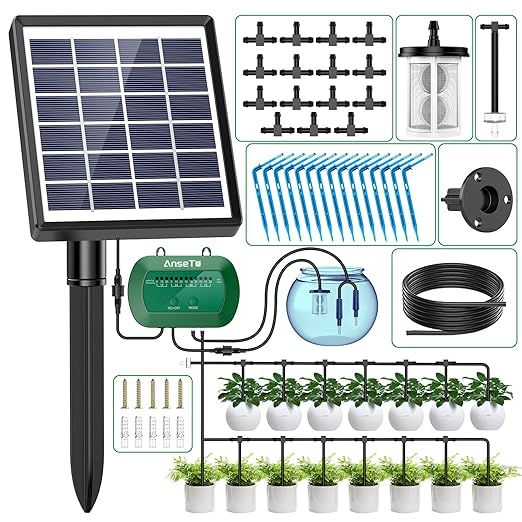 Solar Automatic Watering Kit for Garden, Automatic Drip Watering System with 15 m Watering Hose, Automatic Watering Timer for Holidays, Balconies, Flower Pots, Plants
