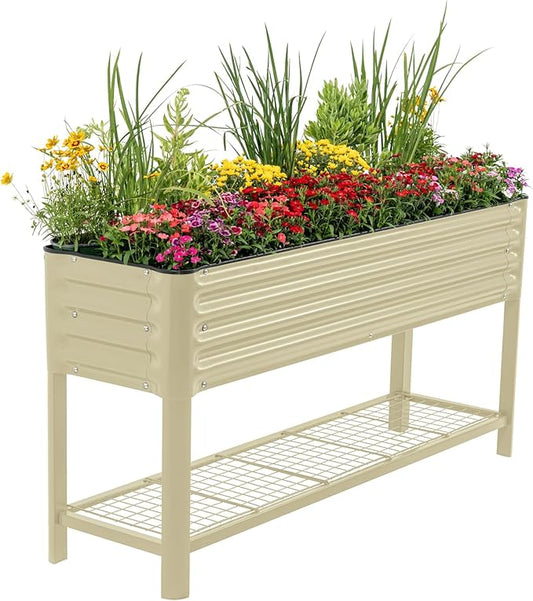 Elevated Raised Garden Bed- Slim Series, 1.5' x 5.5' Outdoor Planters Boxes with Legs & Storage Rack for Patio, 750 Lbs Weight Capacity, Raised Beds for Gardening Herbs Vegetables Flowers, Pearl White