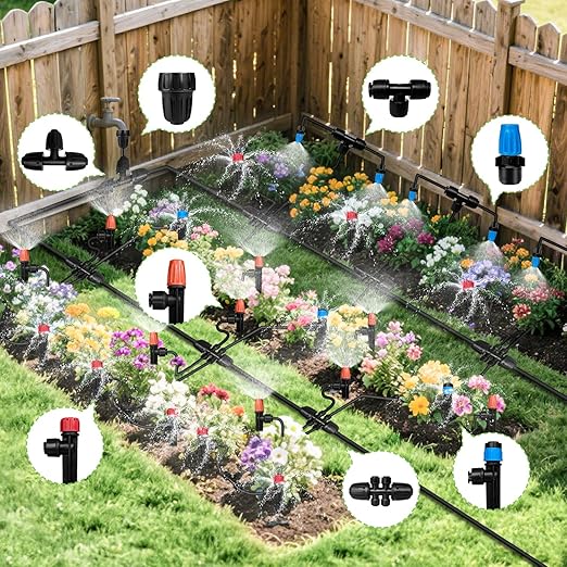 230FT Drip Irrigation System for Garden with 40 Nozzles & Emitters, Garden Watering System with 1/2" & 1/4" Tube and Barbed Fittings - Adjustable Sprinklers Kit for Greenhouse, Lawn, Raised Bed