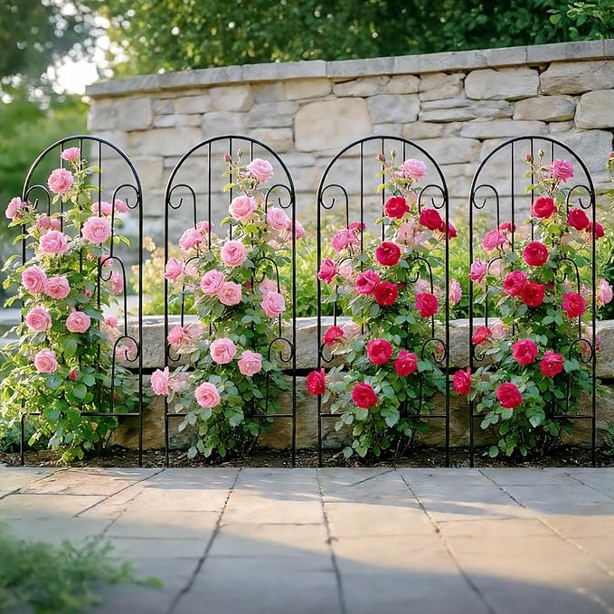 4 Pack Arched Metal Garden Trellis for Climbing Plants 45" H x 15.9" W – Rustproof Iron Trellis with Decorative Scrollwork, Metal Trellised Wire Lattices Grid Panels for Roses, Clematis, Vines