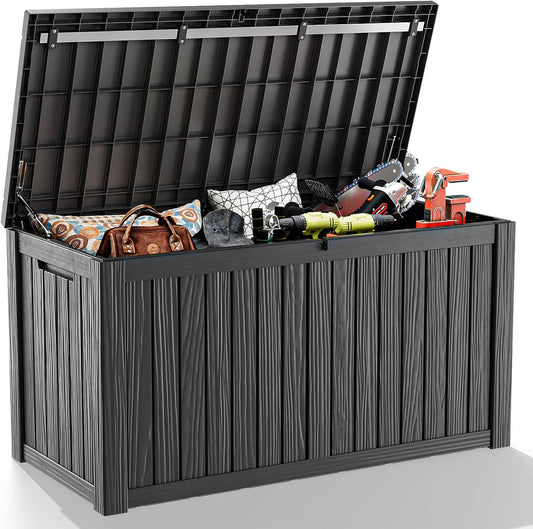 150 Gallon Resin Outdoor Deck Box Waterproof Patio Furniture, Garden Tools, Cushions, Pool Accessories Outside Storage (Black, 150 Gallon)