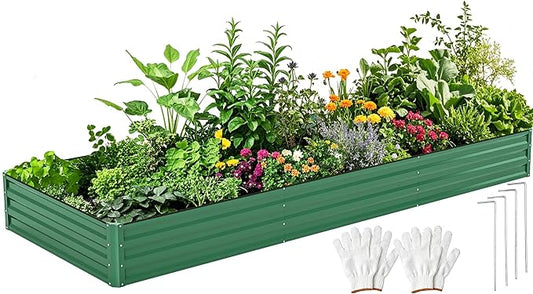 DWVO 12 x 4 x 1 FT Raised Garden Bed Kit, Outdoor Galvanized Flower Bed with Safety Rubber and Gloves, Large Metal Planter Box for Vegetables, Flowers, Herbs, Fruits, Green