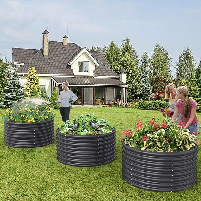 FRIZIONE 2-Pack 3FT(D) x2FT(H) Round Raised Garden Bed Outdoor, Raised Garden Beds for Flower, Raised Planter Box Outdoor for Herb, Vegetable-Gray