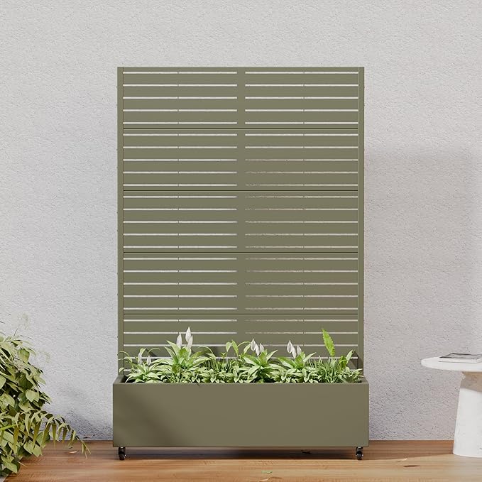 Casaphoria Metal Raised Garden Bed with Trellis and Wheels, 72"x47"x16" Planter Box for Climbing Plants, Vegetables & Vines, Features Drainage Holes and Privacy Screen, Green-Louvered