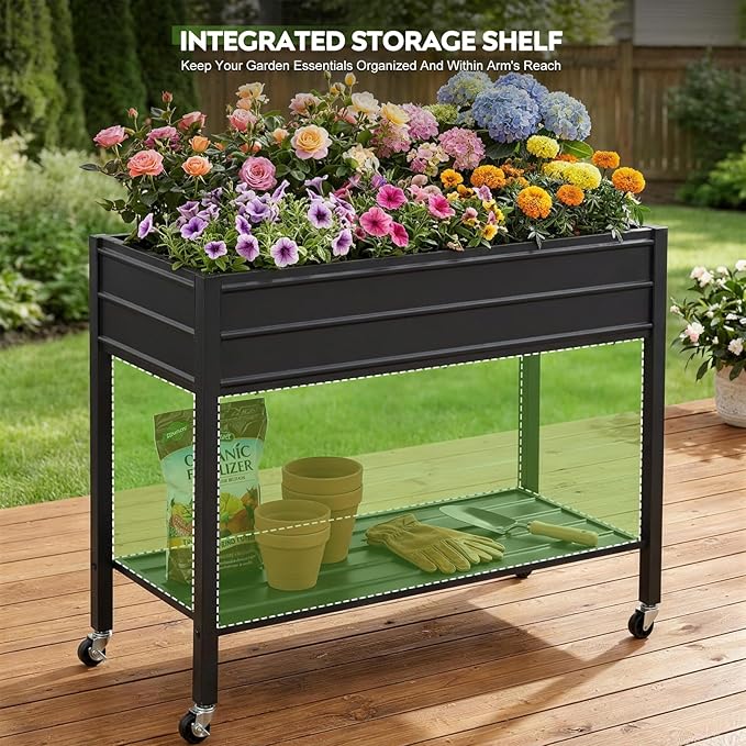 ZORMY 32" Tall Galvanized Raised Garden Bed with Legs Wheels & Shelf, Elevated Planter Box Outdoor for Vegetables, Herbs & Flowers, Patio & Backyard, Garden Bed with 400lb Capacity，Black