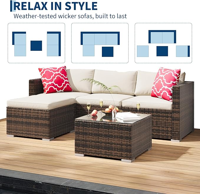 GAOMON 5-Piece All-Weather Patio Furniture Set, Convertible Outdoor Sectional Sofa with Ottoman & Tempered Glass Table, PE Rattan Conversation Set for Garden, Backyard, Porch, Poolside