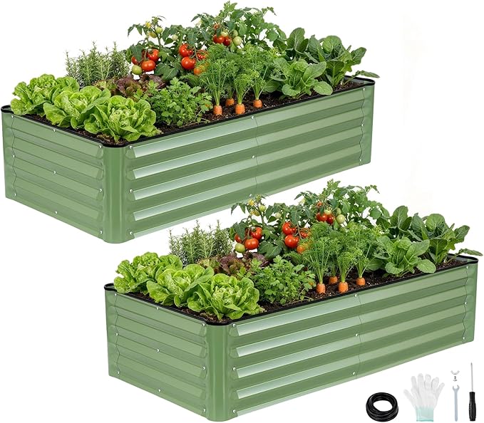 Galvanized Raised Garden Bed – 2 Pack 4x2x1 Ft Patented Leak-Proof Planter Box Outdoor Gardening Metal Raised Garden Beds Kits for Veggies, Herbs & Flowers (Green)