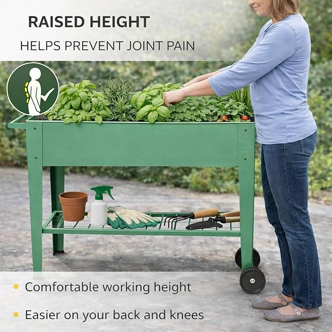 InSideOut Elevated 40" Raised Garden Bed Outdoor with Wheels & Shelf for Mobility, Metal Planter Box for Vegetables/Herbs, Patio-Balcony-Backyard (Sage Green)