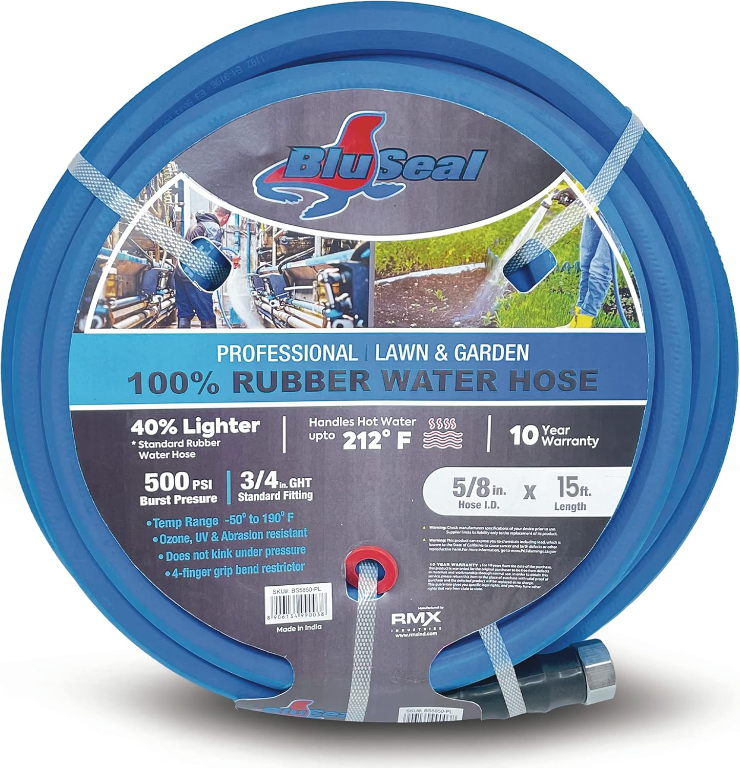 BluSeal Hot/Cold Water Rubber Garden Hose, 100% Rubber, Ultra-Light, Super Strong, 500 PSI, 50F to 190F Degrees, High Strength Polyester Braided (5/8" x 15')