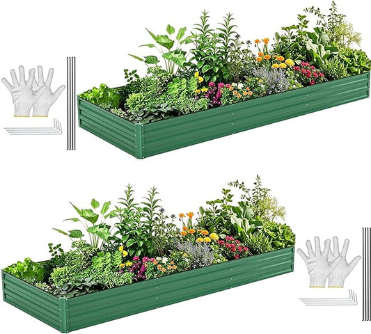 DWVO 2pcs 12 x 4 x 1 FT Raised Garden Bed Kit, Outdoor Galvanized Flower Bed with Safety Rubber and Gloves, Large Metal Planter Box for Vegetables, Flowers, Herbs, Fruits, Green