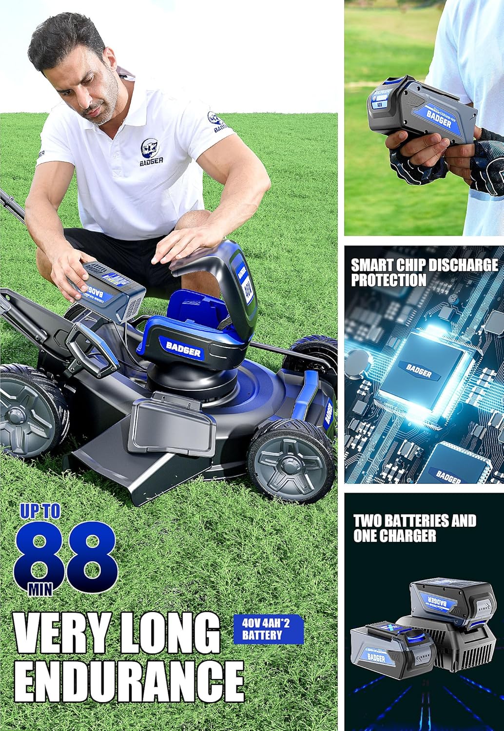 WILD BADGER POWER Lawn Mower Self Propelled 40V Brushless 21" Cordless, 7 Cutting Height Adjustments Electric Lawn Mower, Quickly Folding, 2 * 4.0Ah Battery and1*2Ah Super Charger Included