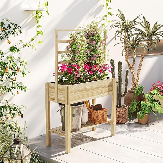Outsunny Wooden Raised Garden Bed with Trellis, Elevated Planter Box with Storage Shelf, Drainage Holes and Liner, Outdoor Flower Box for Vegetables, Flowers, Herbs