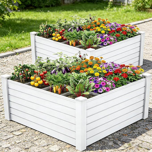 YITAHOME 48x48x24 in Plastic Raised Garden Bed 2pcs with Growth Grid, Large Outdoor Vinyl Planter Box for Plants, Vegetables, and Flowers, Easy Installation, White